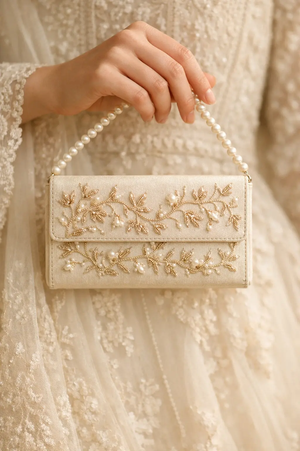 Ivory pearl vine embroidered mini bridal clutch with pearl handle soft minimalist wedding purse