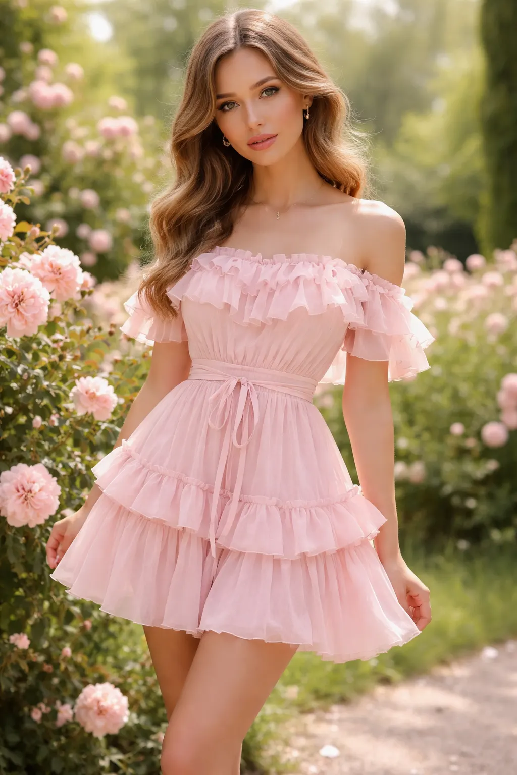Woman wearing blush off shoulder ruffle mini dress flirty feminine Valentine outfit