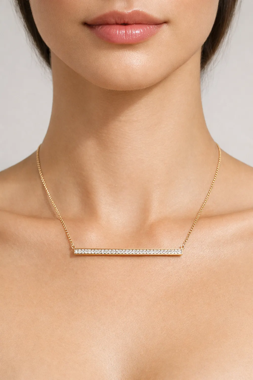 Minimal gold chain necklace design with horizontal diamond bar pendant