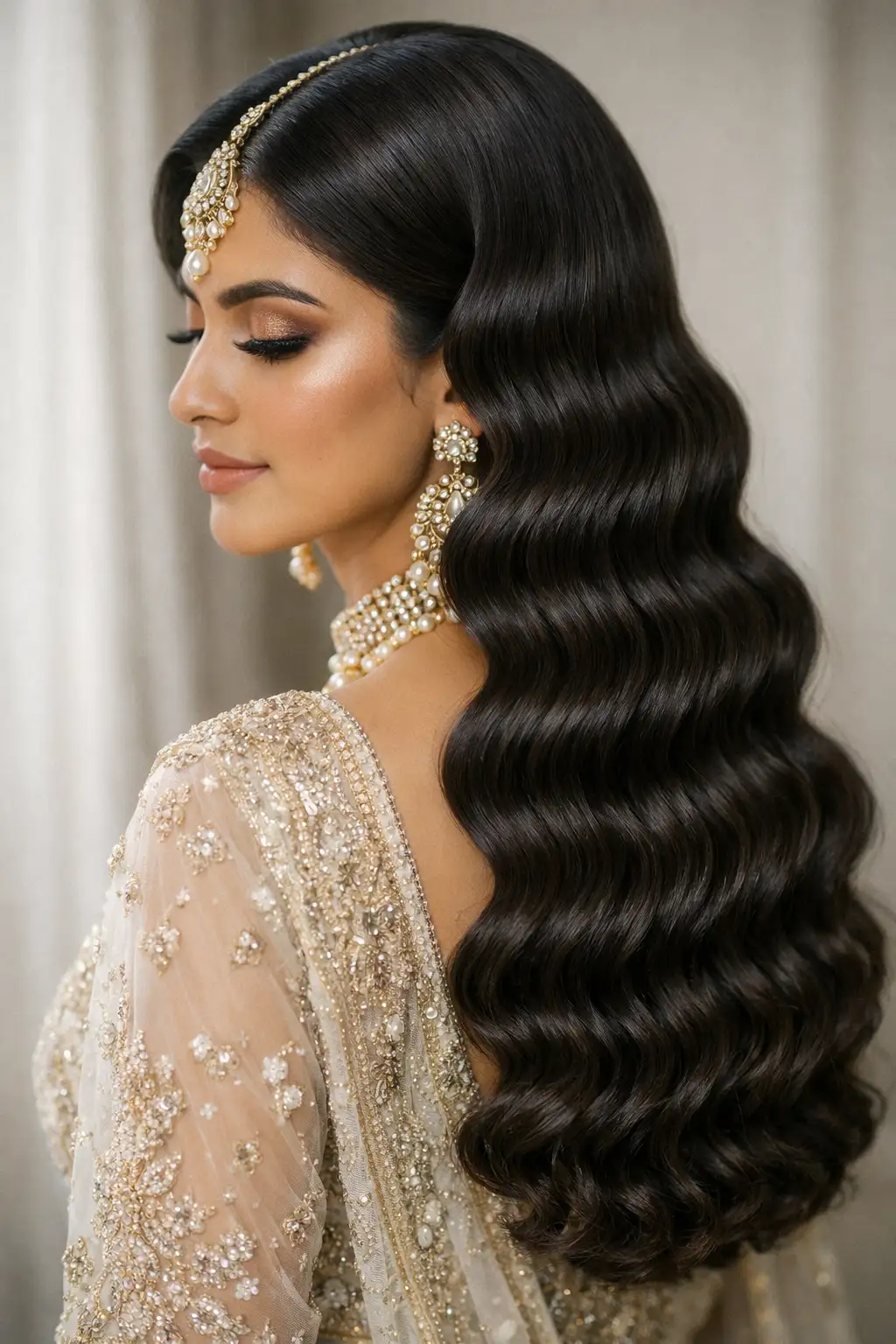 Long bridal hairstyle with deep structured waves, sleek side part, ultra-glossy shine, and cascading curls over shoulder