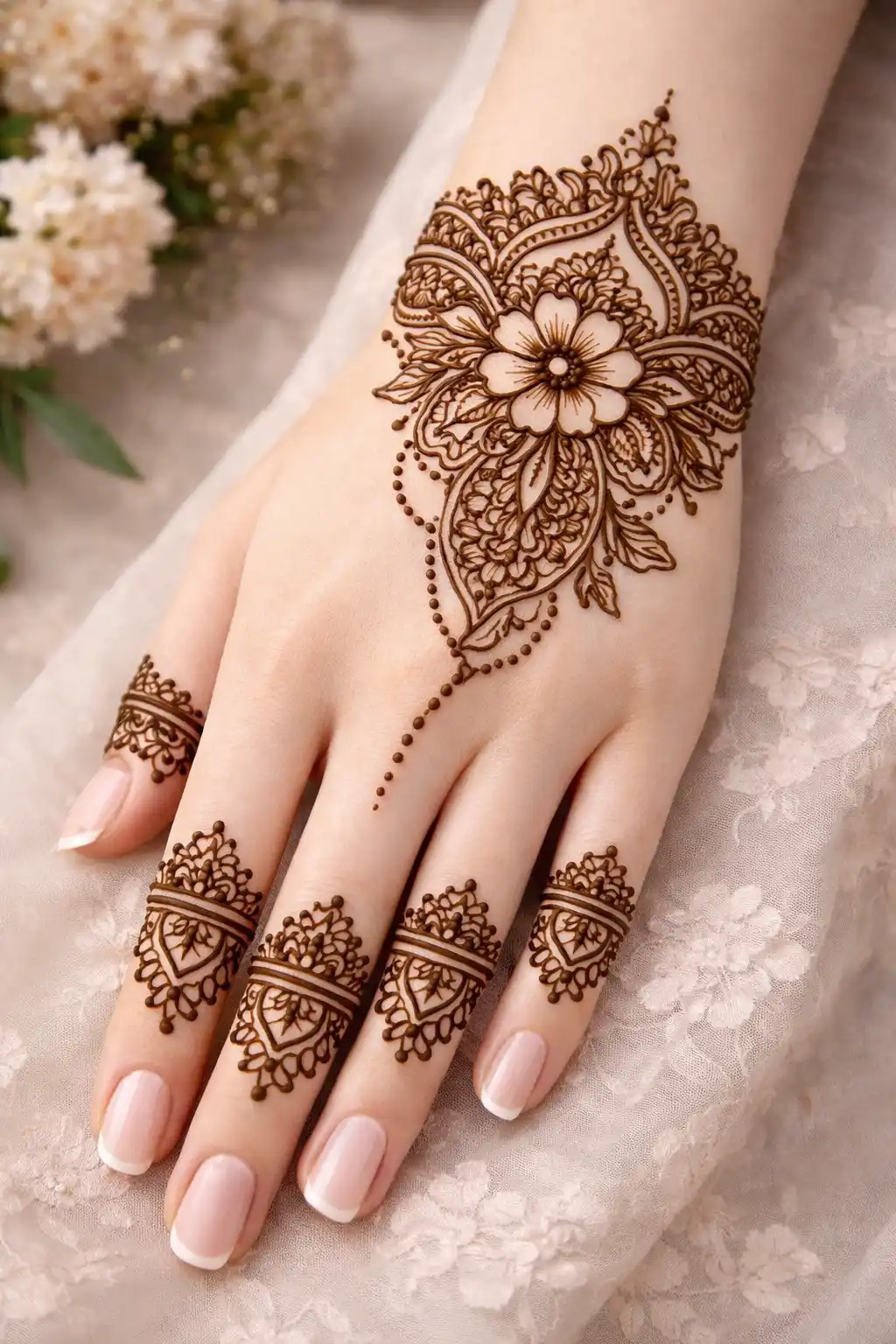 Bridal wrist cuff back hand mehndi design with bold floral detailing