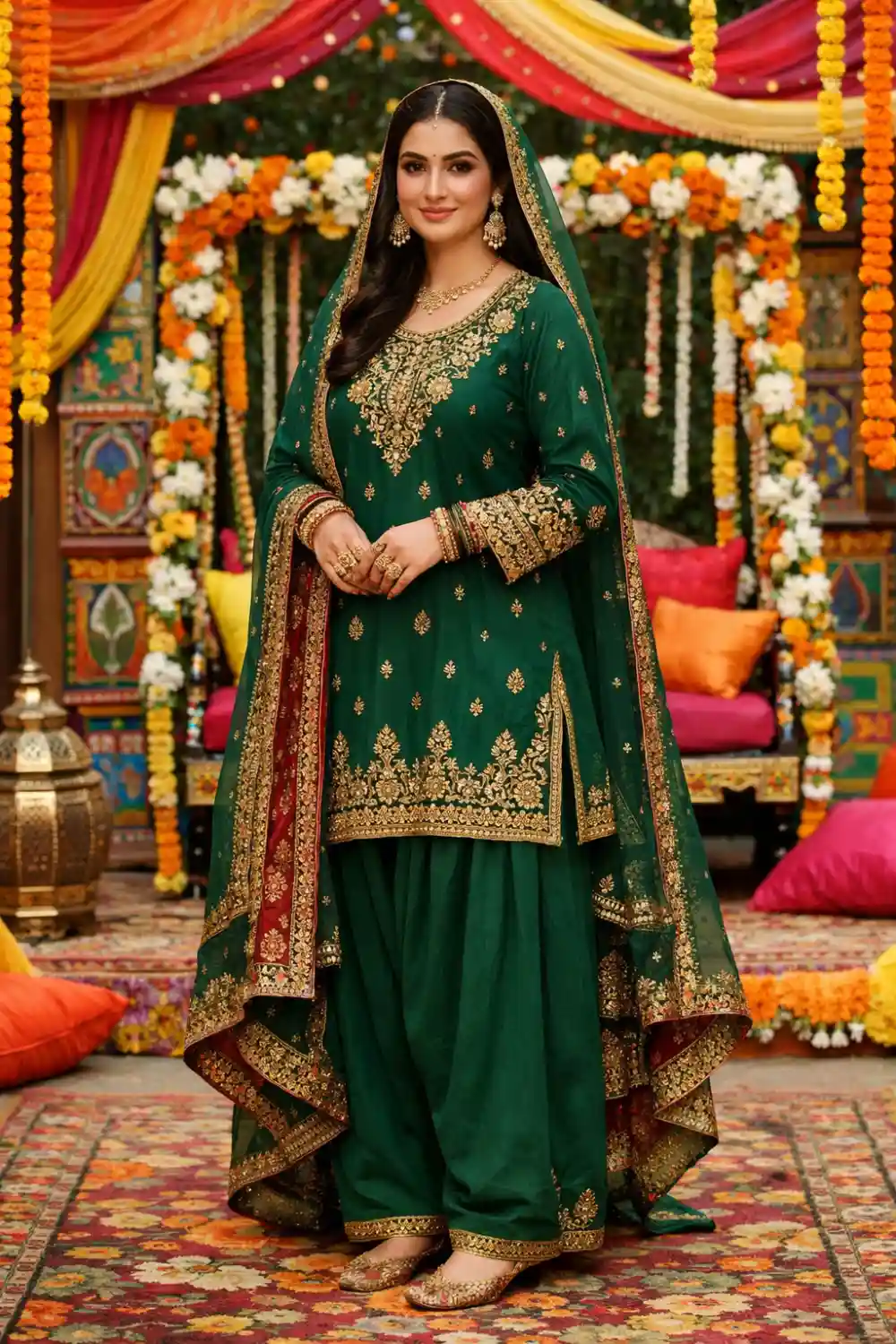 Deep green traditional bridal mehndi dress gharara outfit