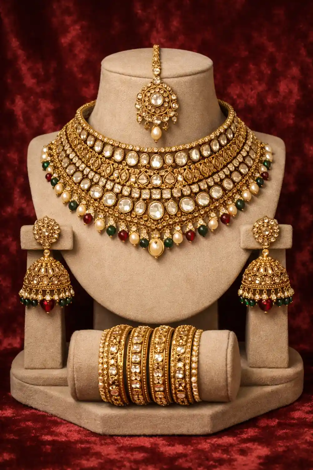 Heavy royal gold kundan bridal mehndi jewelry set with jhumkas and bangles