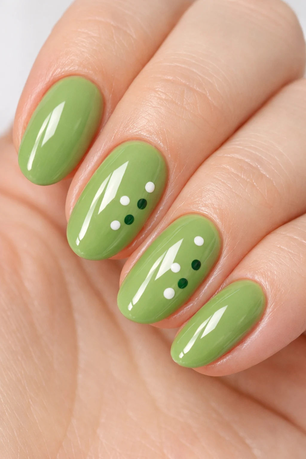 Light green nails with small dots kiwi fruit inspired cute summer nail art design
