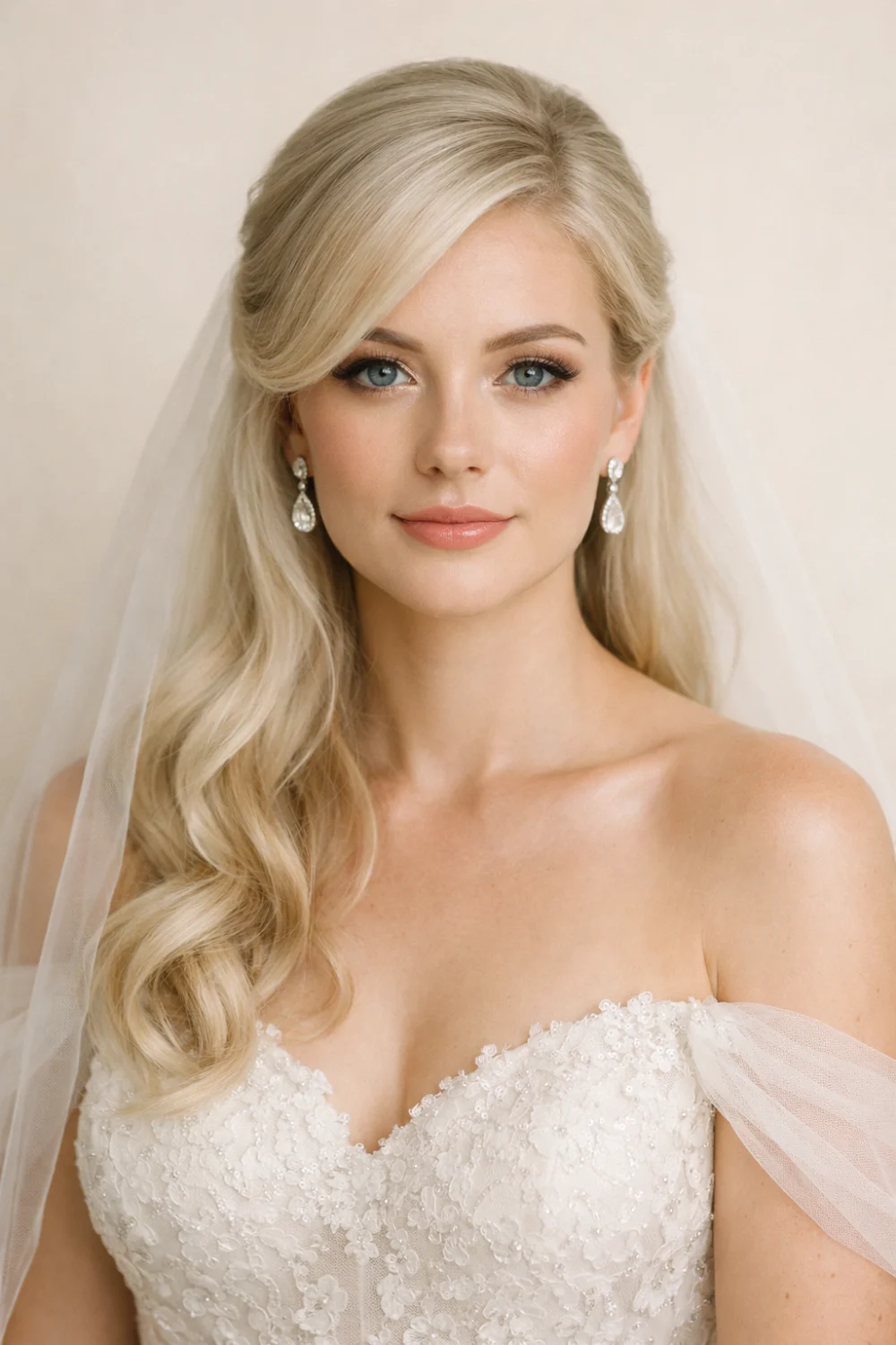 side swept half up half down bridal hairstyle front view