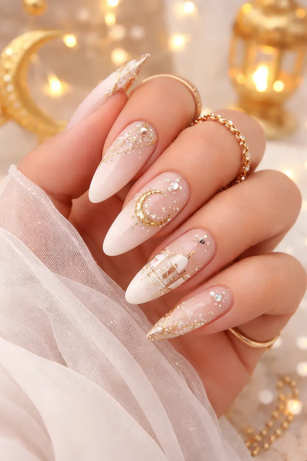 white gold eid glam gel nails, milky white manicure with crescent and mosque art, elegant pakistani festive nails