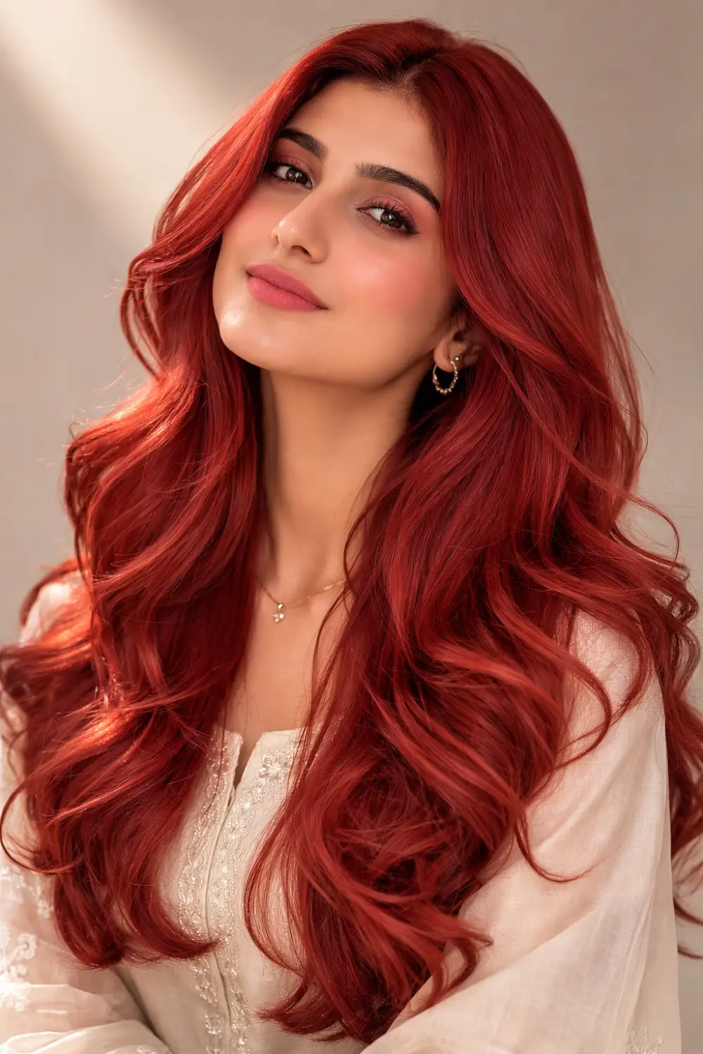 vibrant ruby red hair color bold Pakistani model long glamorous waves