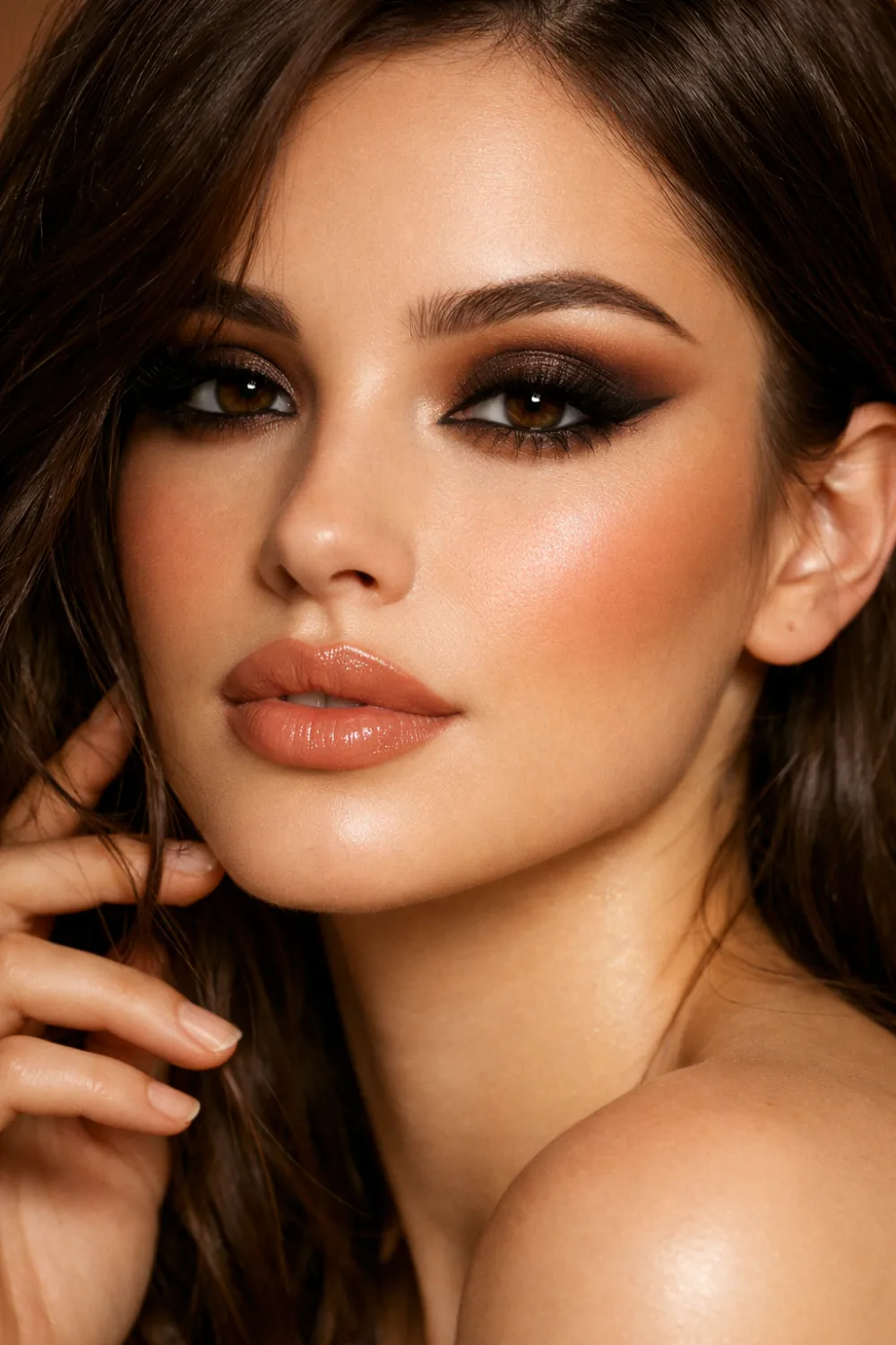 Neutral bronze full glam makeup with softly blended bronze eyeshadow, thick lashes, winged liner, matte sculpted complexion, warm contour, and nude glossy lips