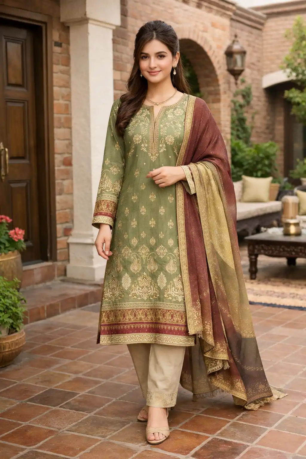 Olive green jacquard kurta set with gold ombre dupatta royal traditional Eid dress for girls