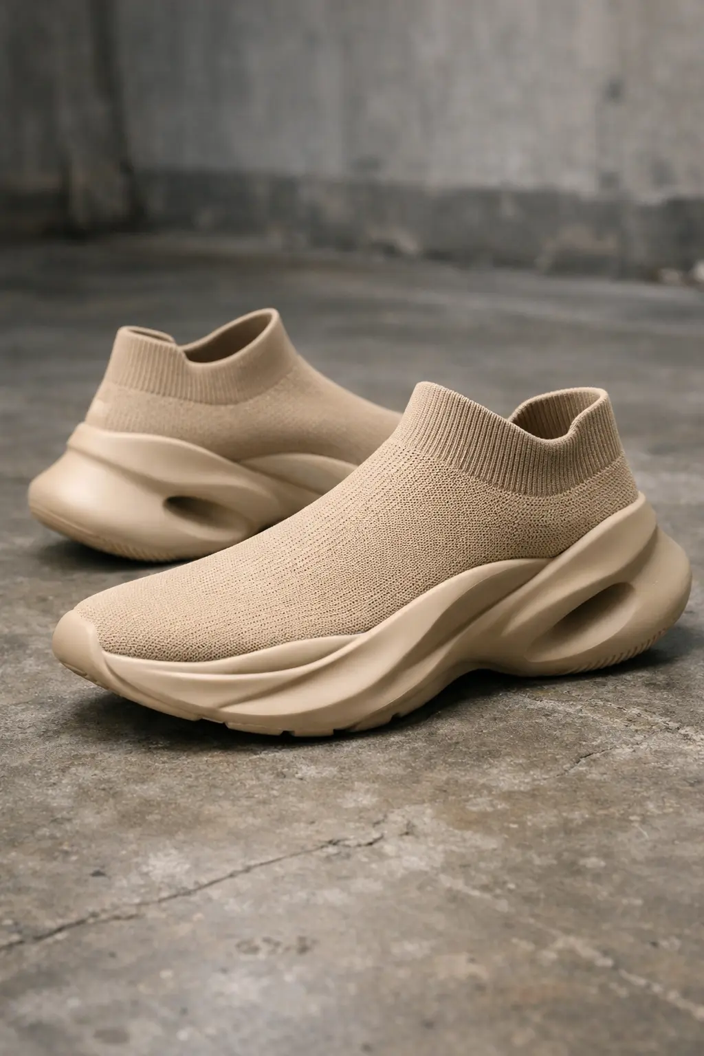 beige knit slip on girls sneakers breathable sock style cushioned comfort walking shoes minimal look