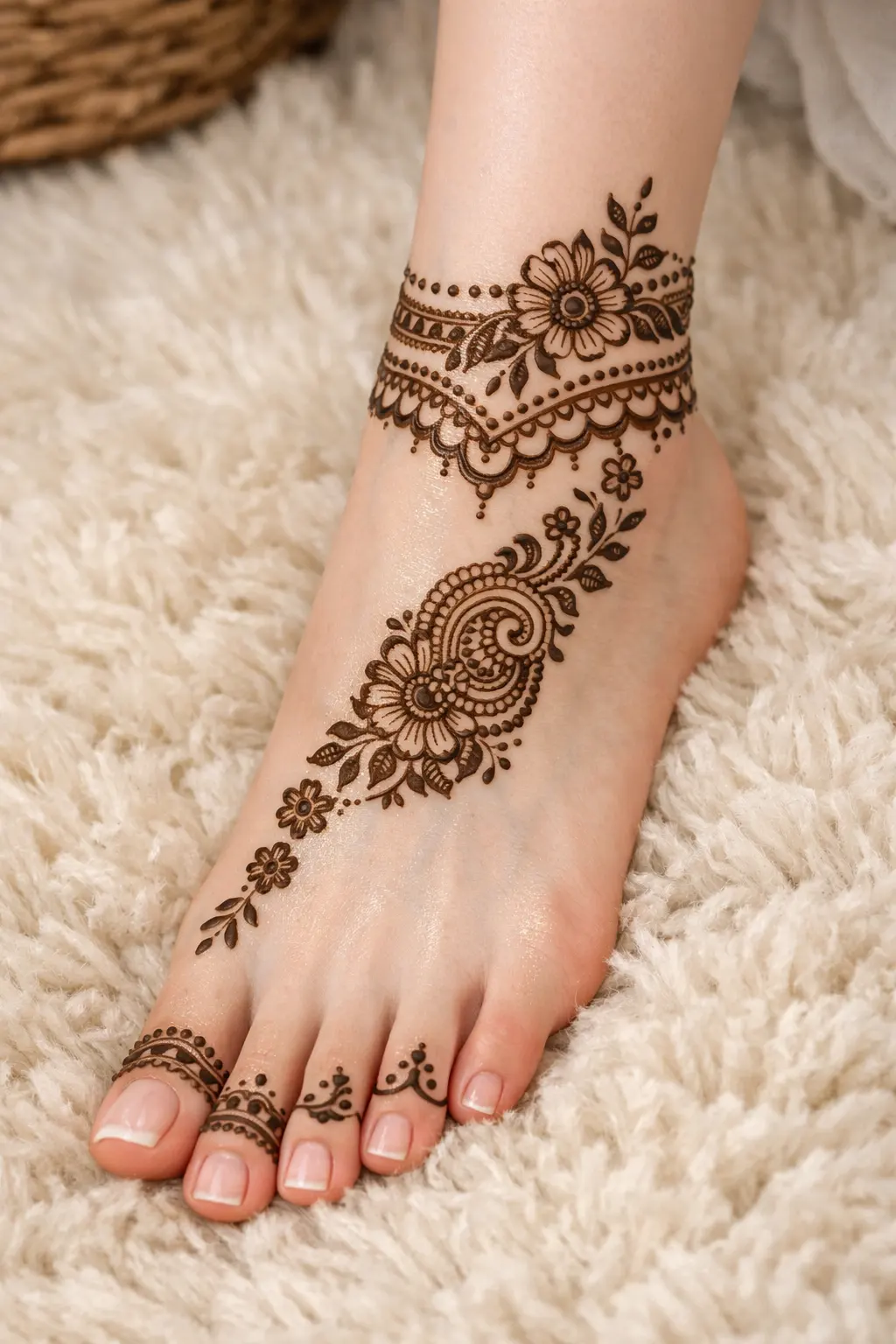 Elegant paisley foot mehndi design with floral anklet