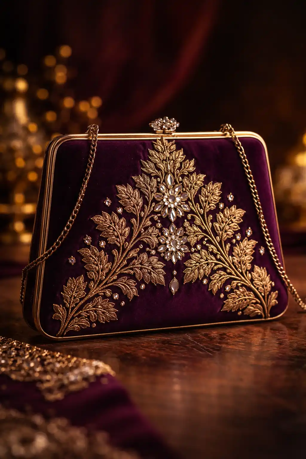 Plum velvet bridal clutch with gold leaf embroidery and crystal detailing luxury evening wedding handbag