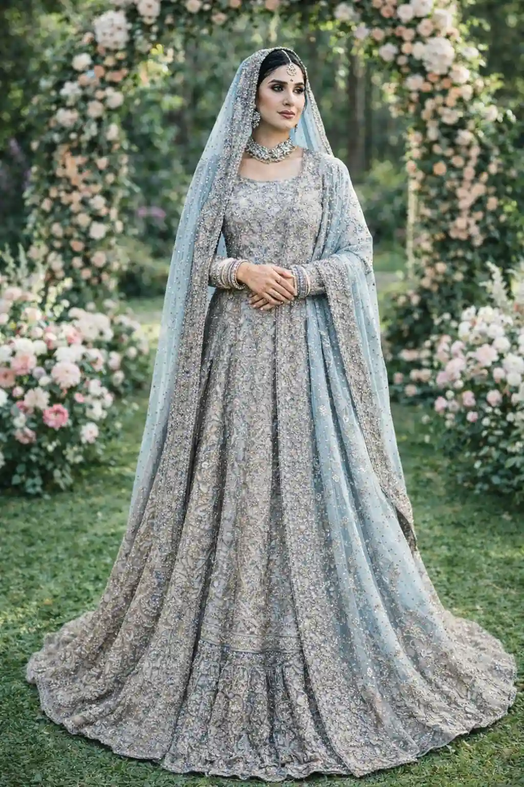 ice blue silver embroidered bridal lehenga soft pastel flowy silhouette outdoor floral wedding