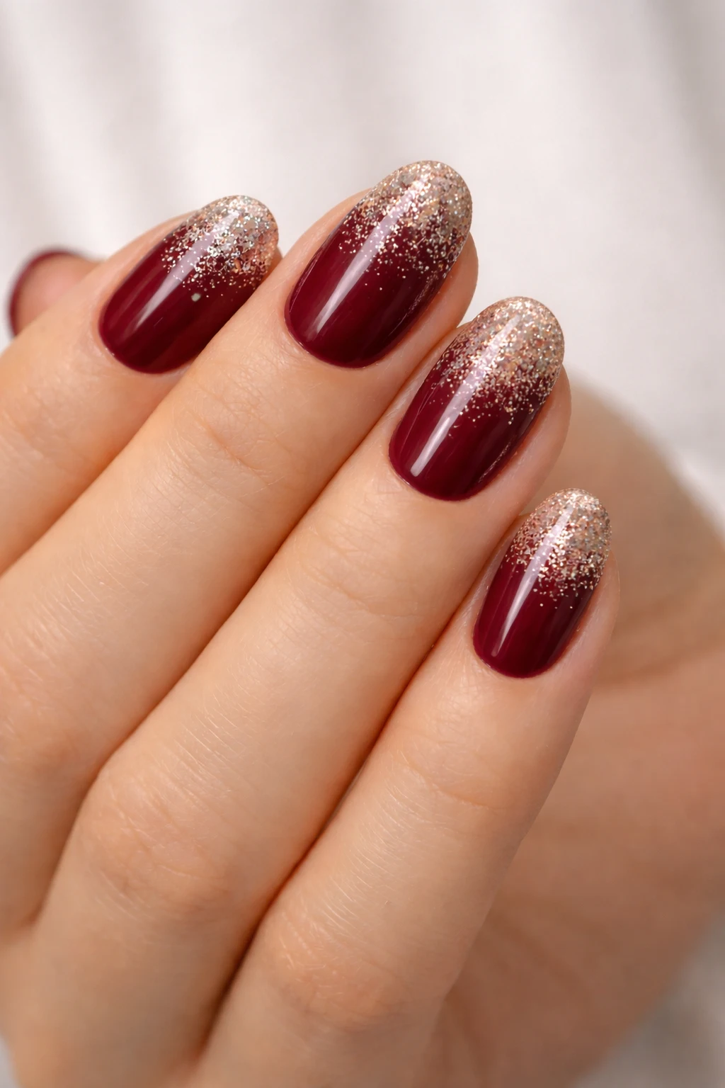 burgundy ombre gel nails gold glitter fade short glossy manicure