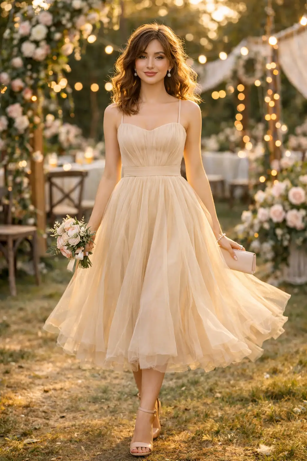 champagne tulle layered midi dress with soft volume at outdoor wedding