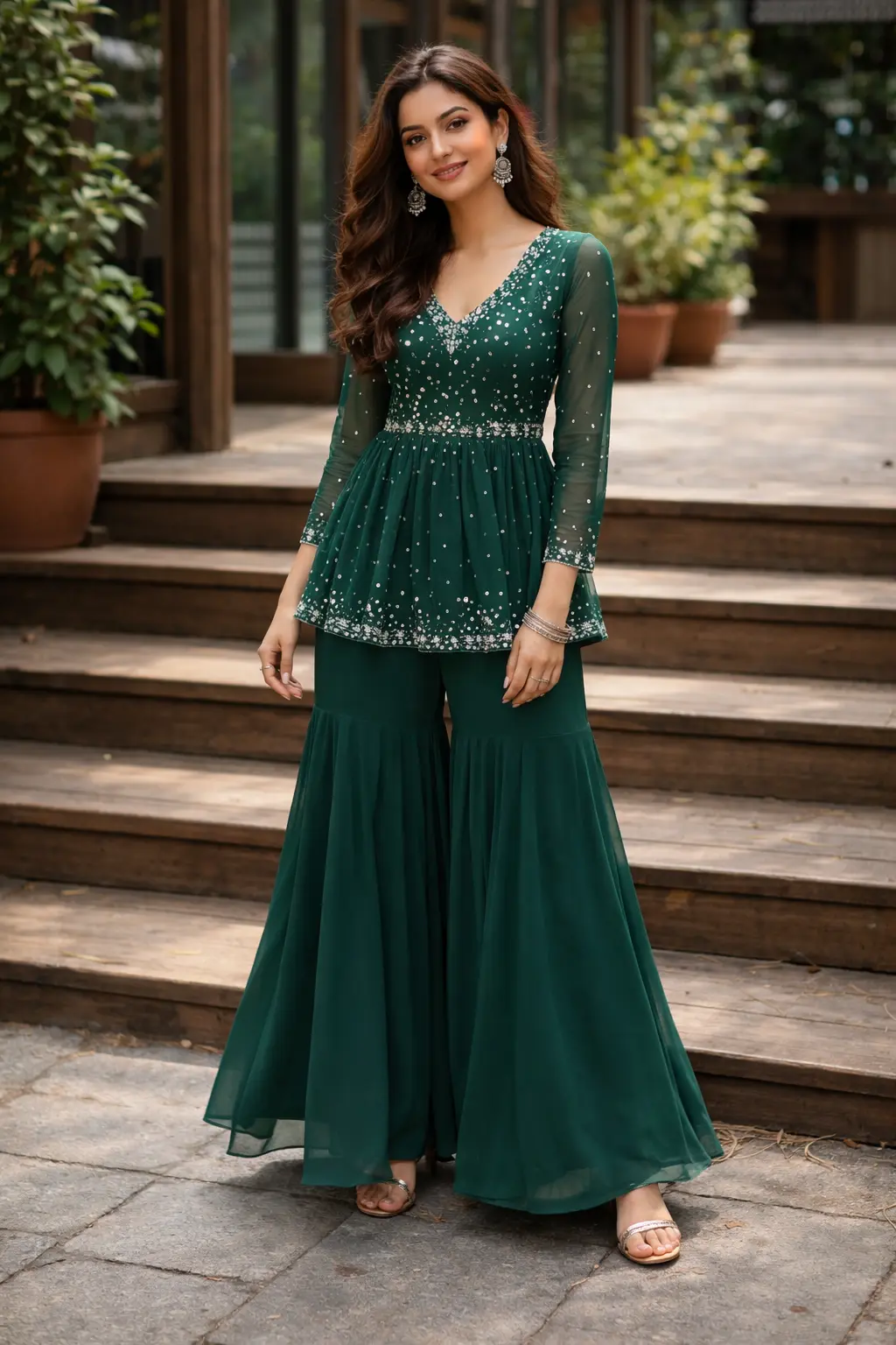 Forest green embellished peplum sharara set