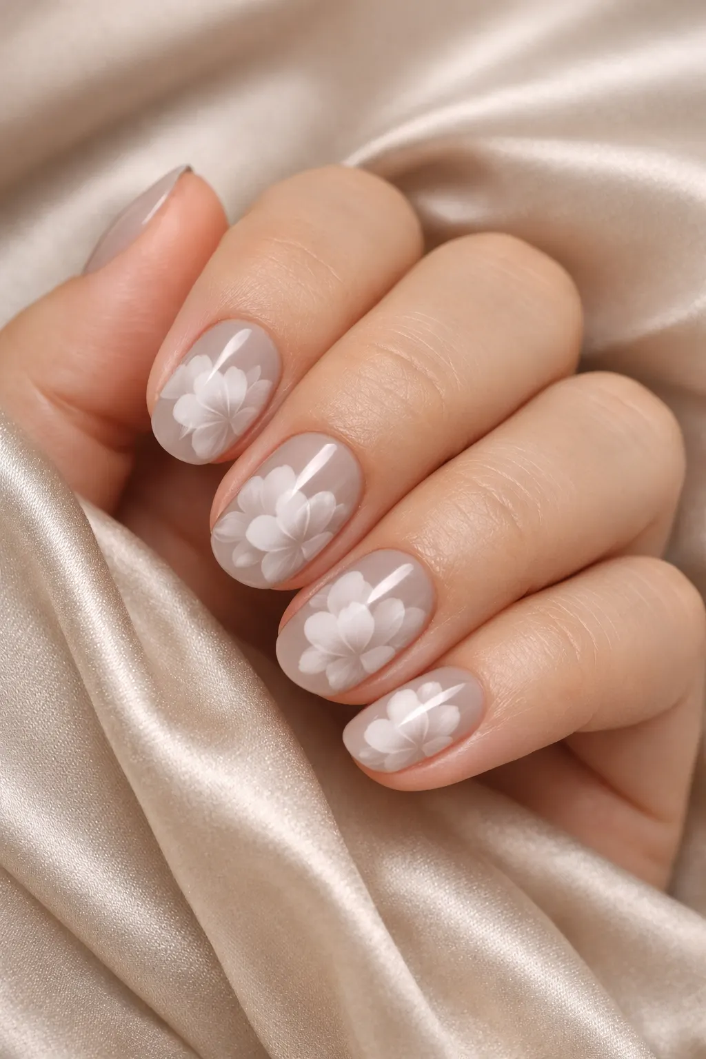 Soft white floral blooming gel nail art on muted gray nude base