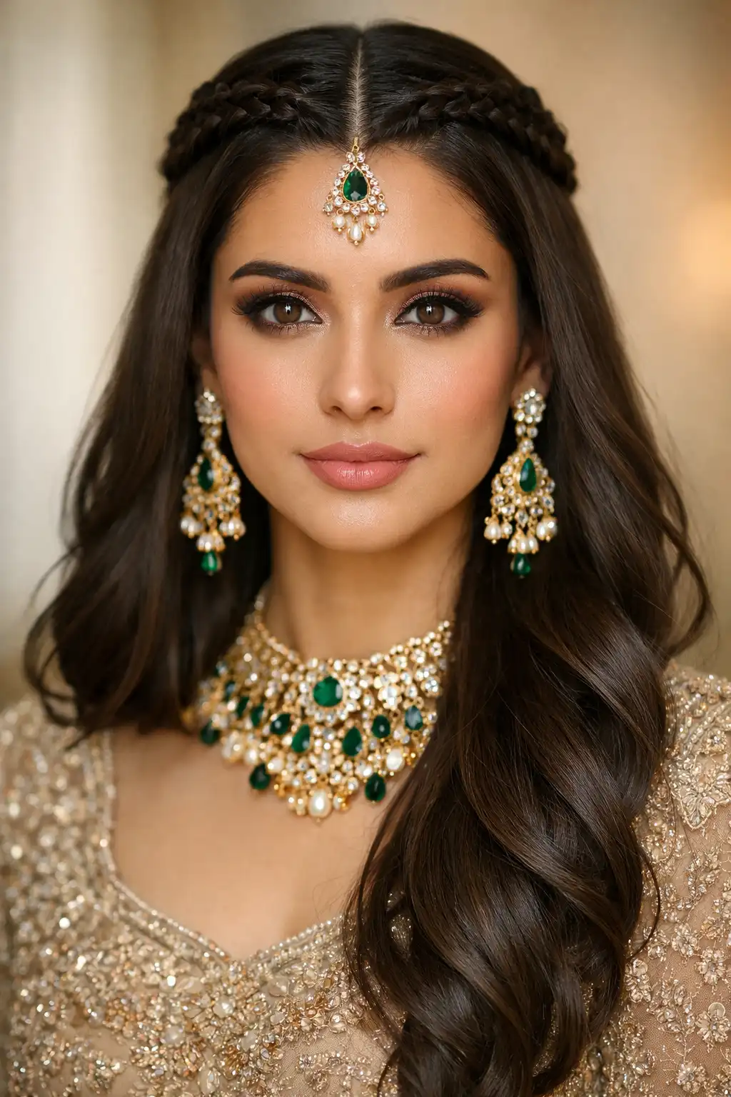 Bridal center part hairstyle with thin crown braids on both sides blending into long soft waves, balanced symmetrical styling