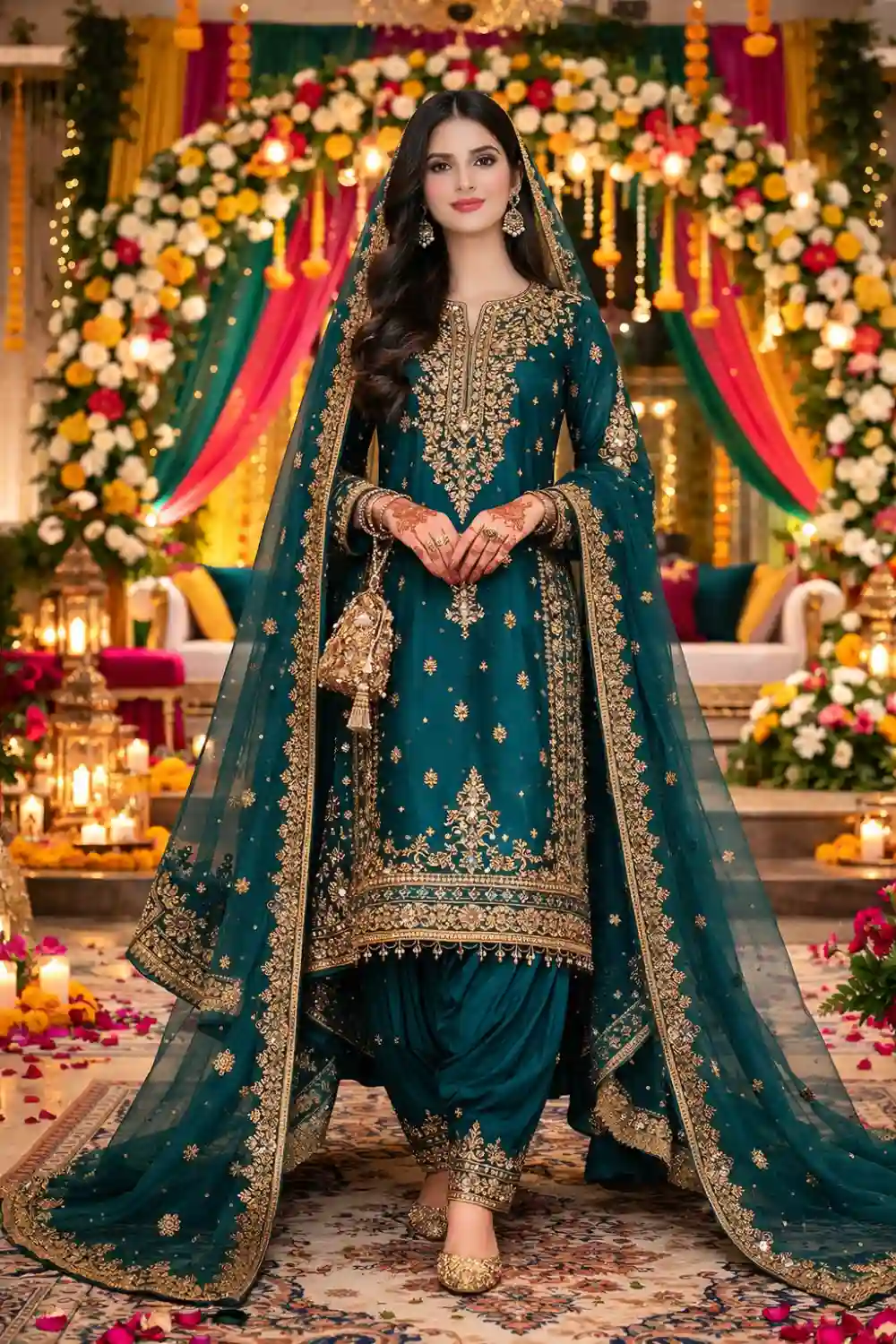 Teal green heavily embroidered bridal mehndi dress shalwar kameez