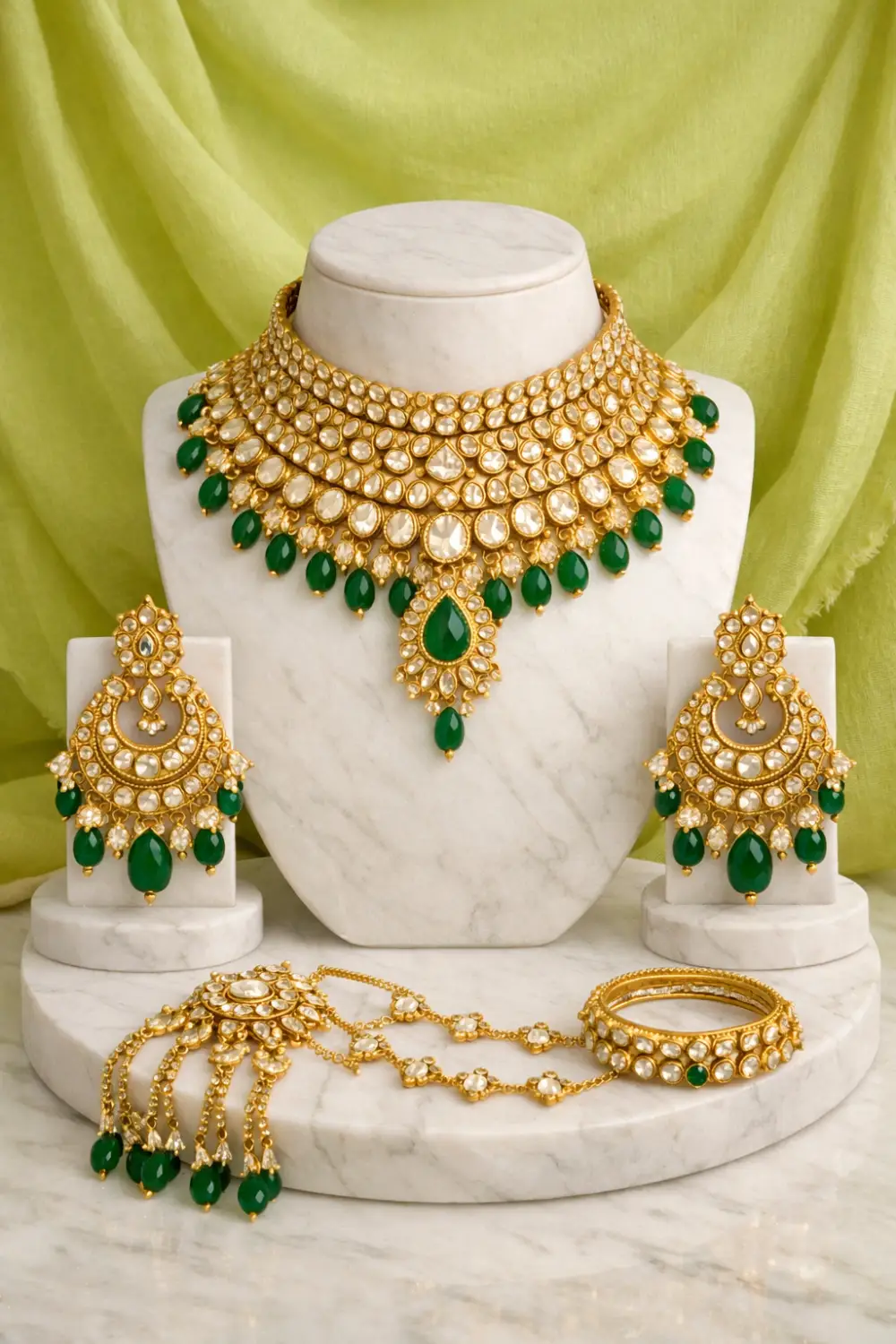 Emerald drop polki bridal mehndi jewelry set displayed on marble stand