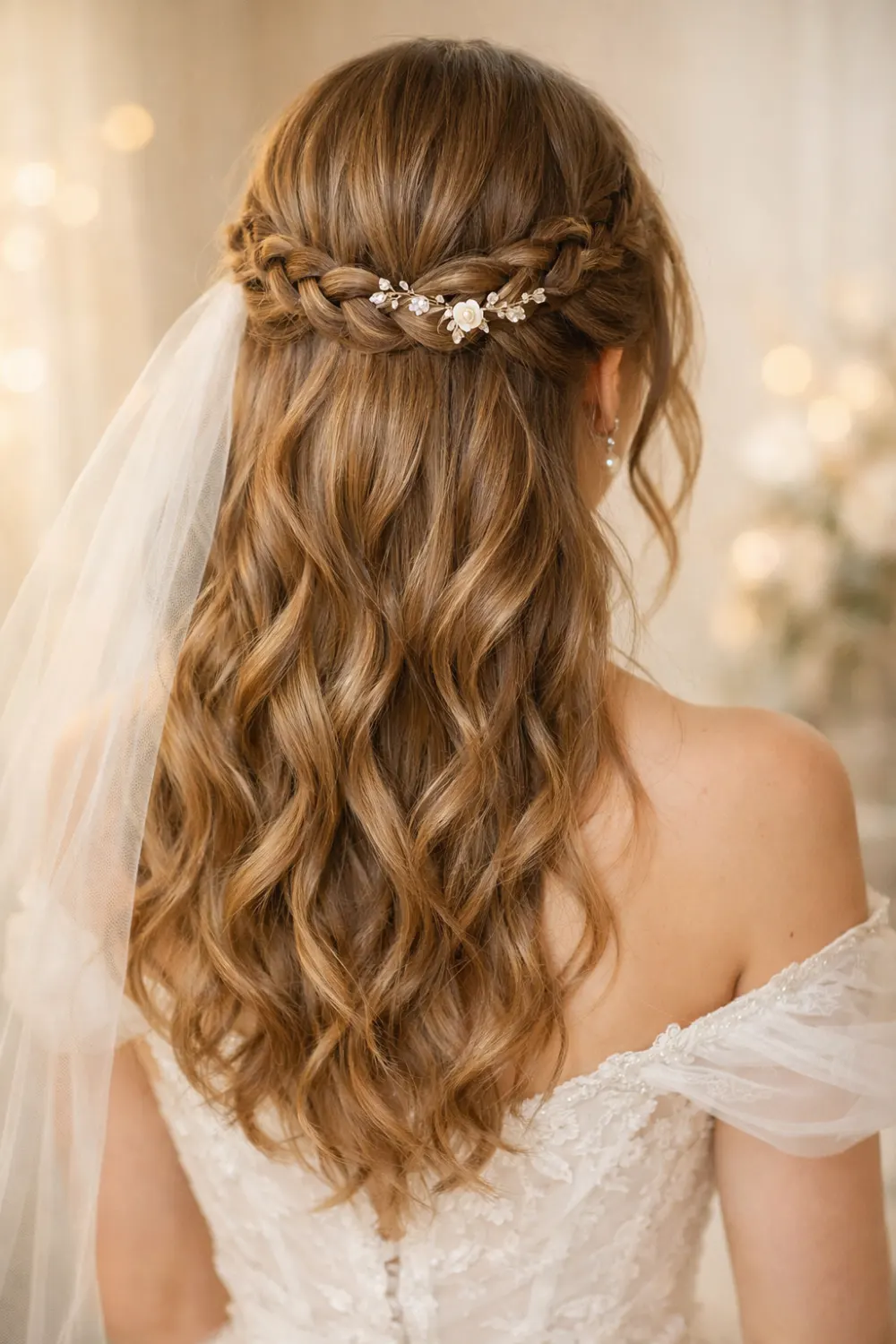 braided halo half up half down wedding hairstyle with veil
