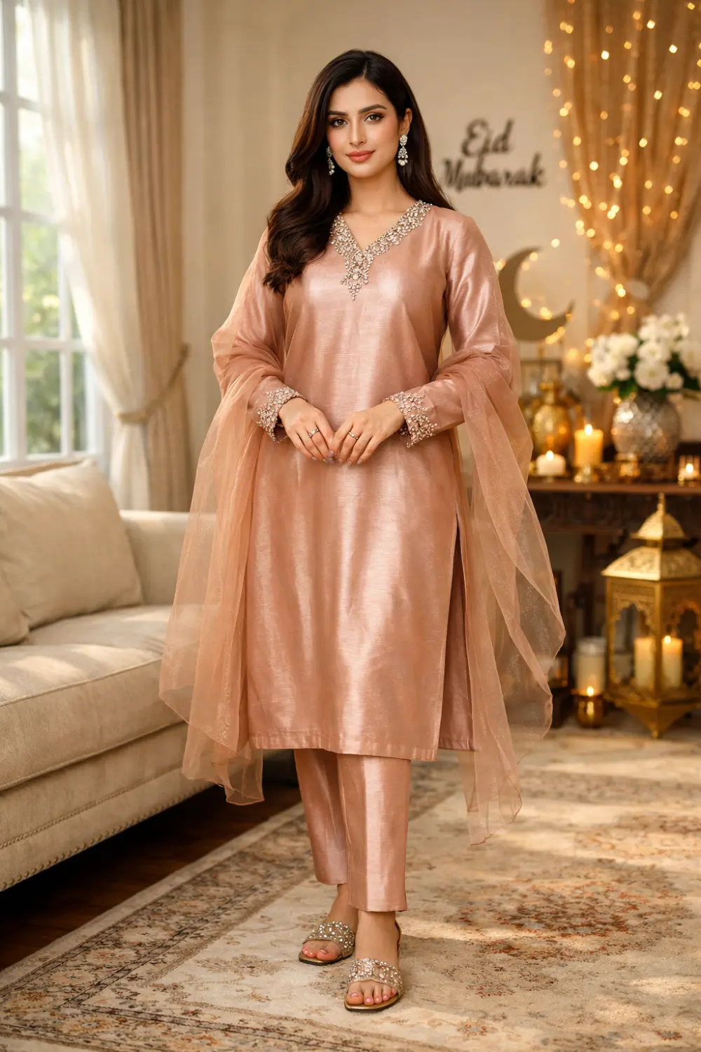 Rose gold festive kurta set for women with sheer dupatta and elegant embroidery, modern Eid outfit