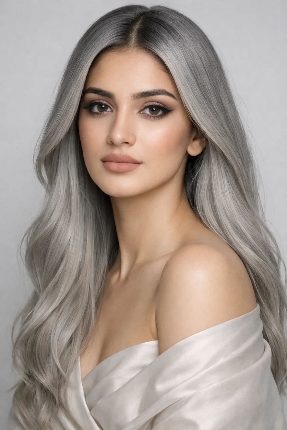 cool silver blonde hair color icy tone Pakistani model sleek modern waves