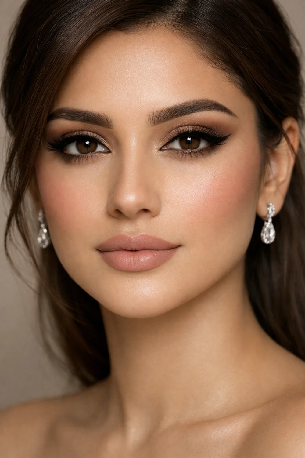 Nude bridal full glam makeup with soft brown eyeshadow, dramatic lashes, precise wing liner, flawless matte skin, subtle highlight, and nude bridal lips