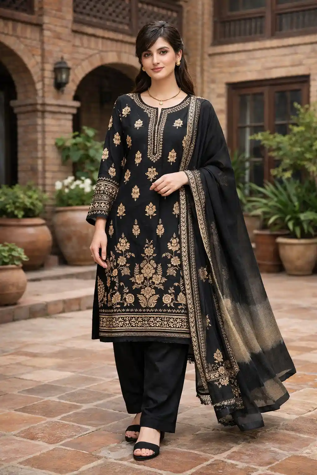 Black and gold embroidered straight suit with dupatta elegant evening Eid outfit for girls