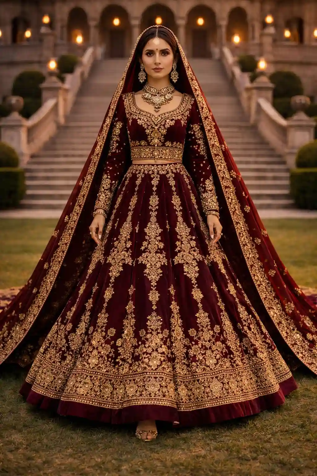 maroon bridal lehenga palace background heavy gold embroidery long dupatta dramatic royal style