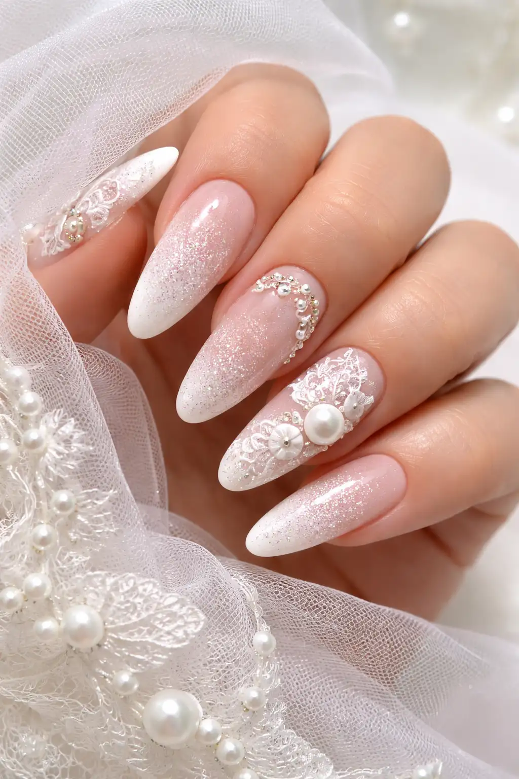 pearl embellished white ombre bridal glitter gel nails lace manicure