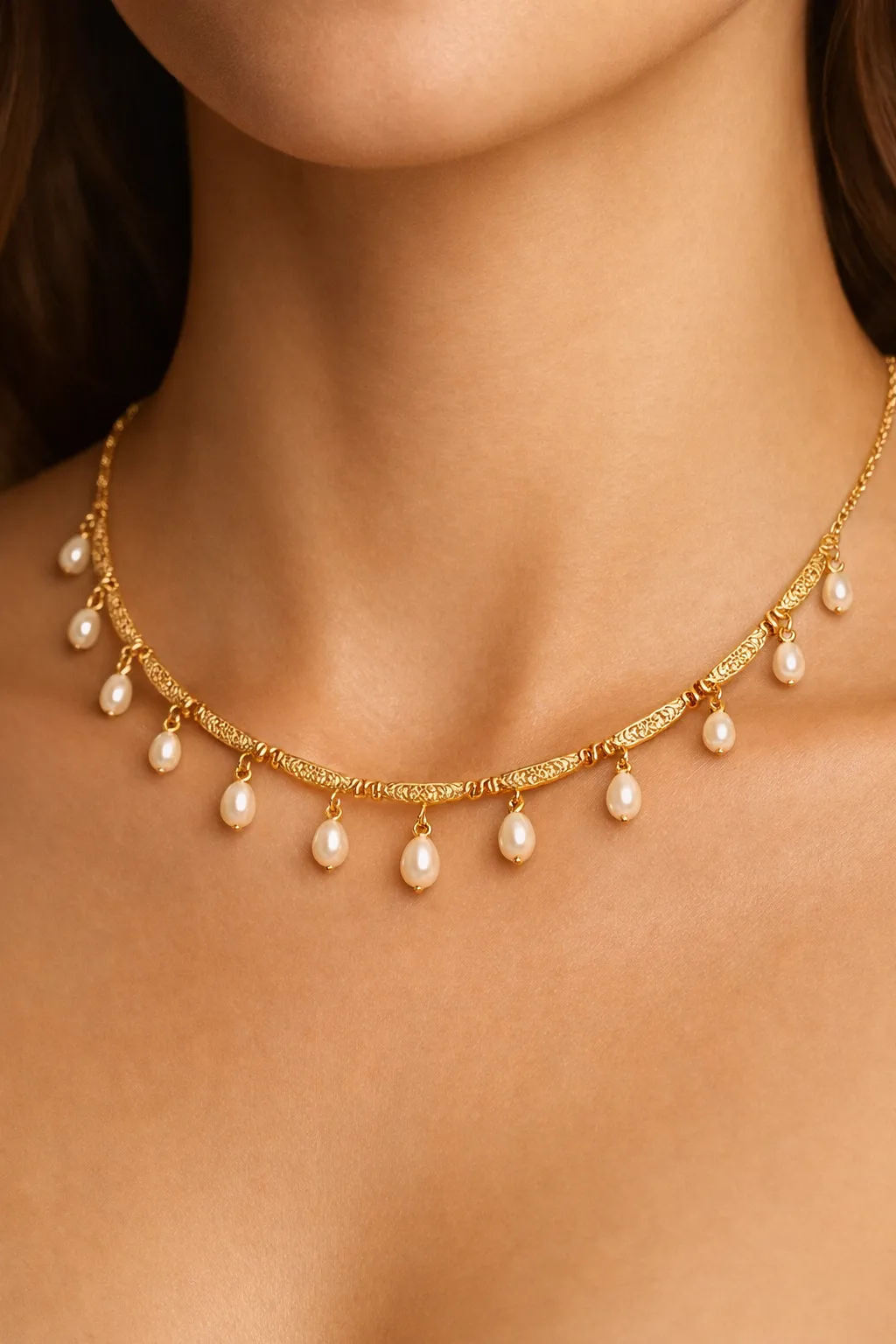 Vintage gold necklace design with multiple pearl drop charms