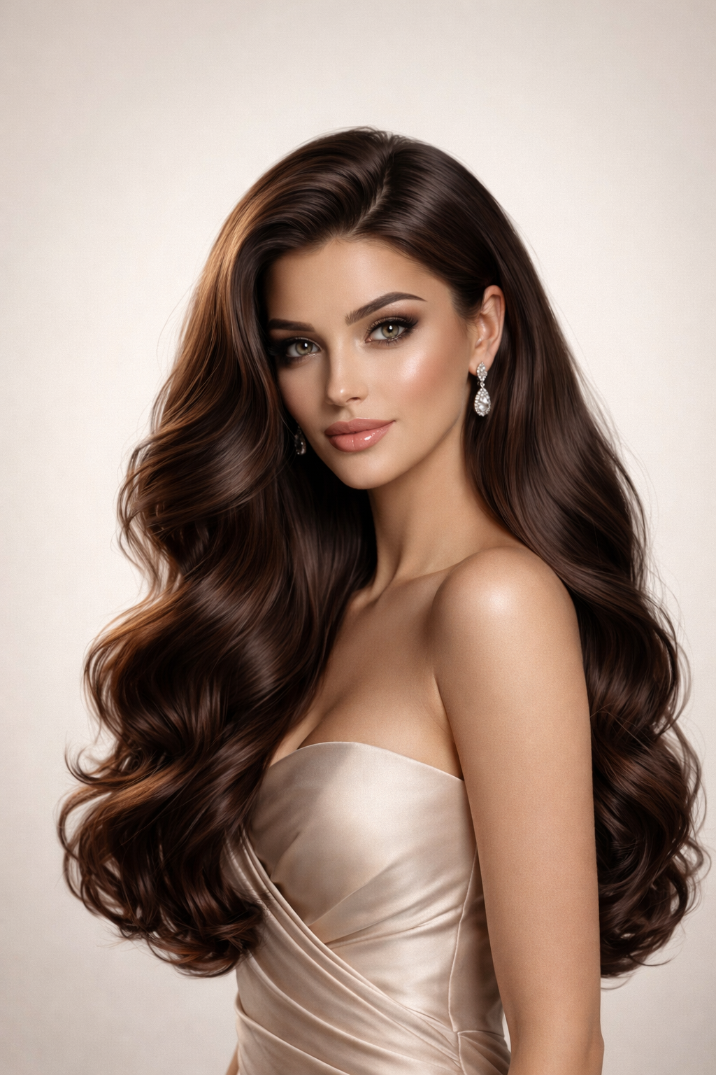 Deep mocha brown long voluminous waves dark chocolate brown hair color rich luxurious shine