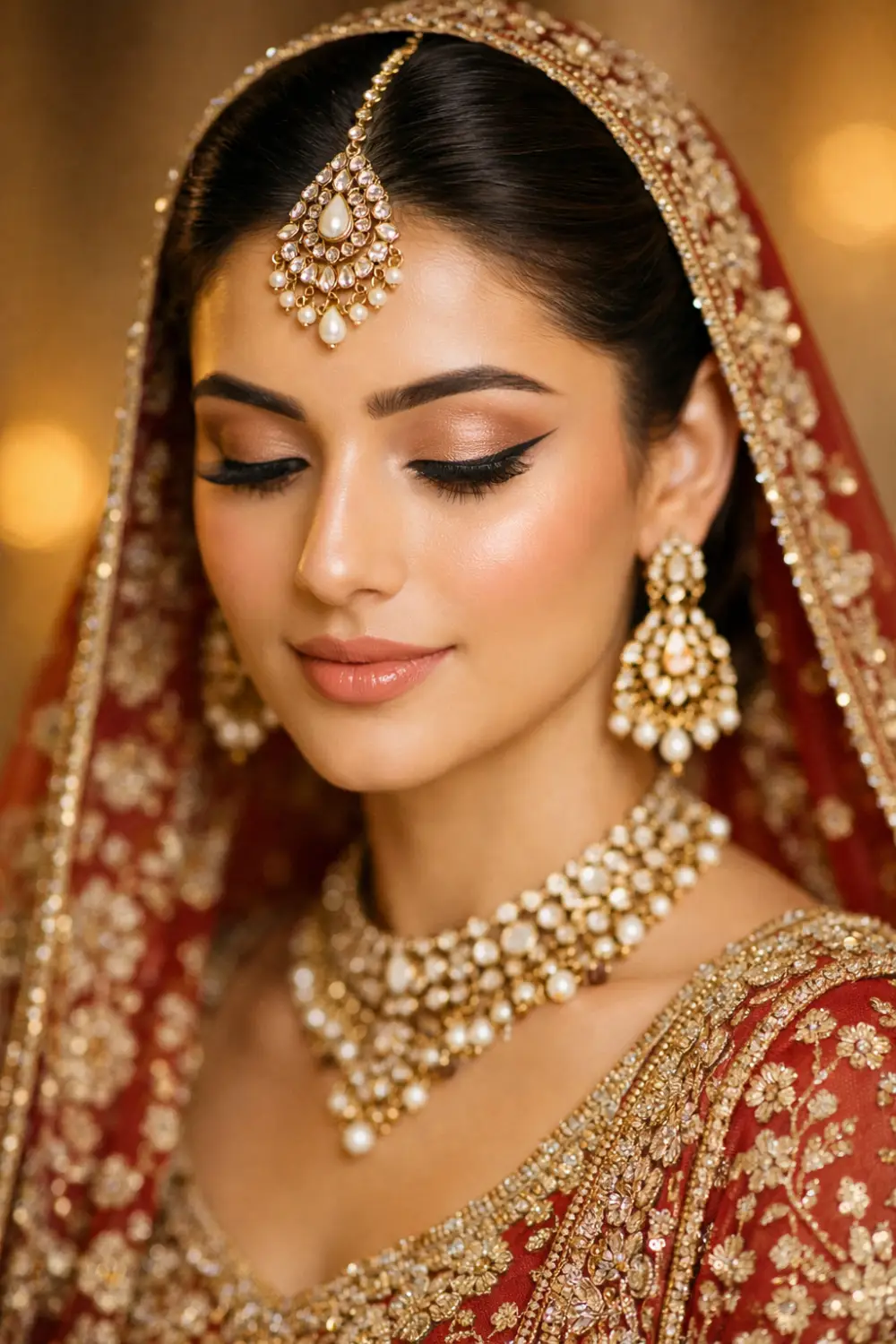 classic red bridal glam makeup with sharp winged liner