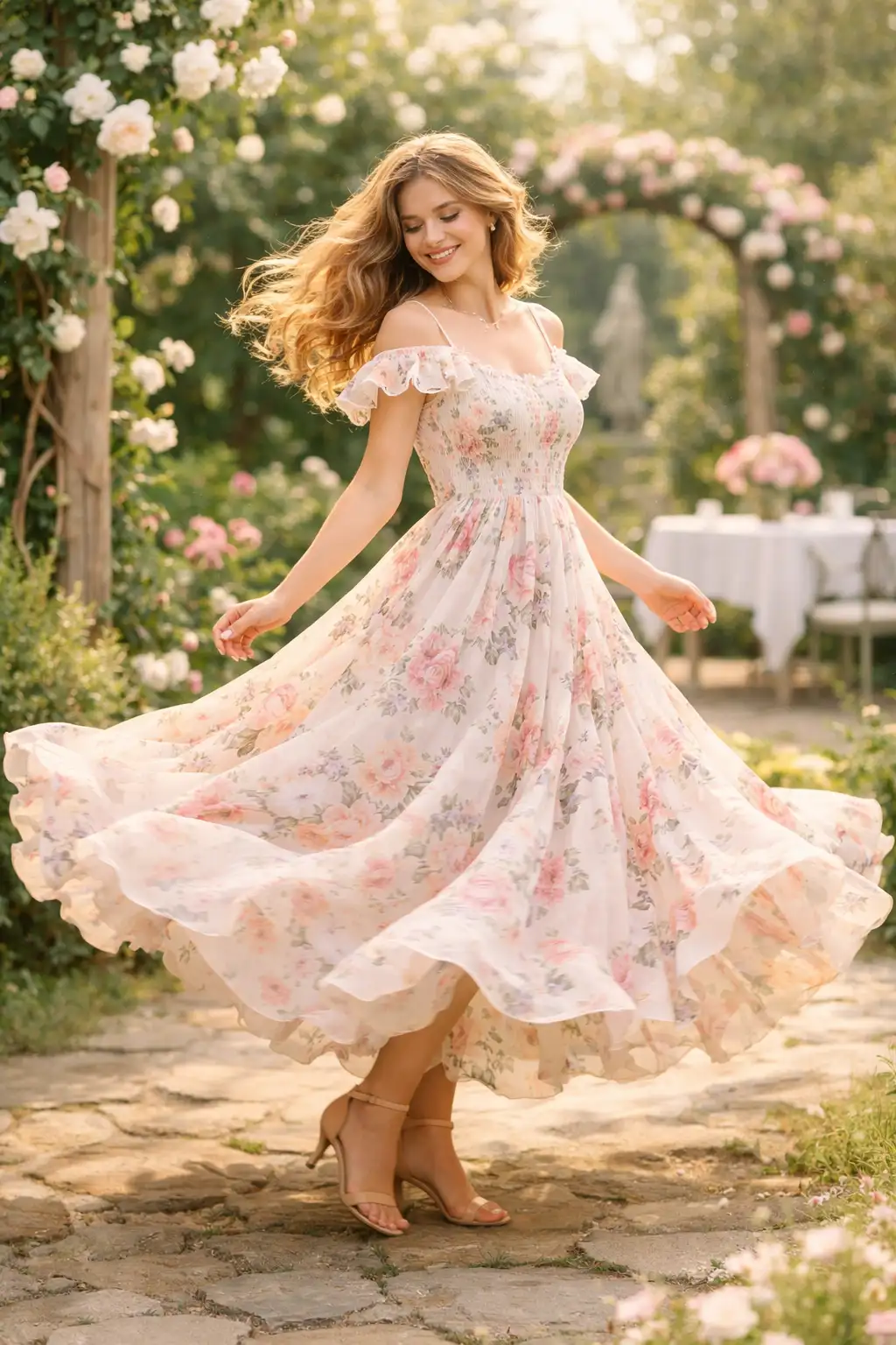 Woman twirling in floral off shoulder maxi dress flowy garden party romantic look
