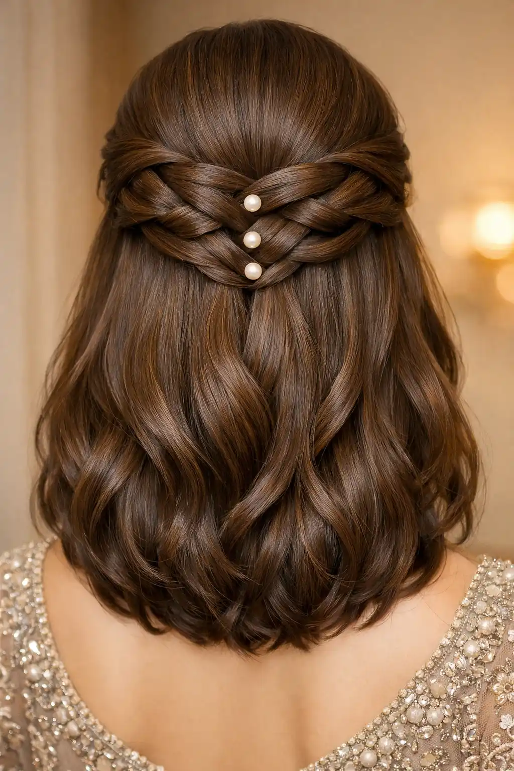 Pearl accented twisted half up hairstyle with soft waves on medium hair for elegant event