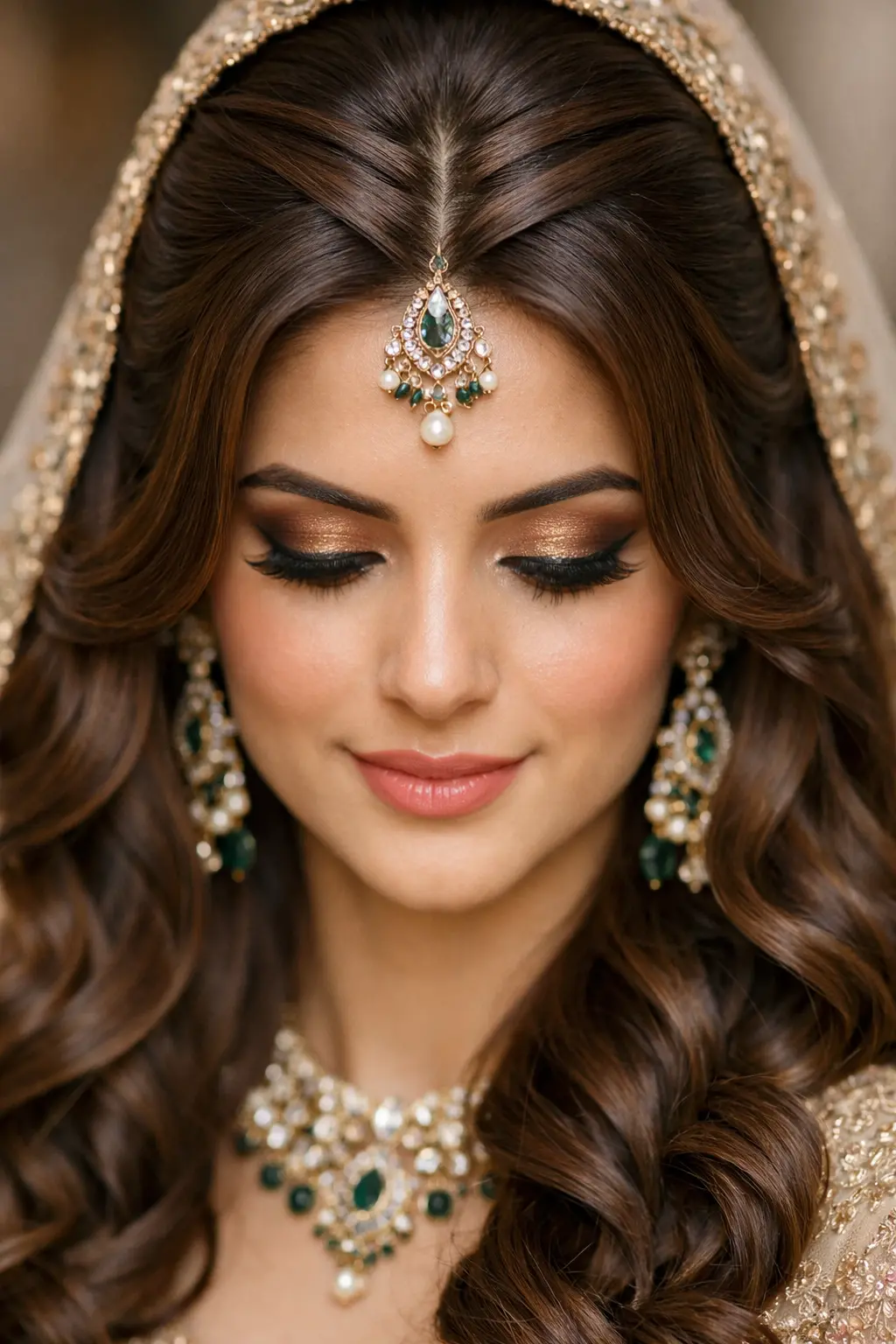 Bridal center part hairstyle with soft flowing waves styled under a traditional wedding veil, smooth crown and natural volume