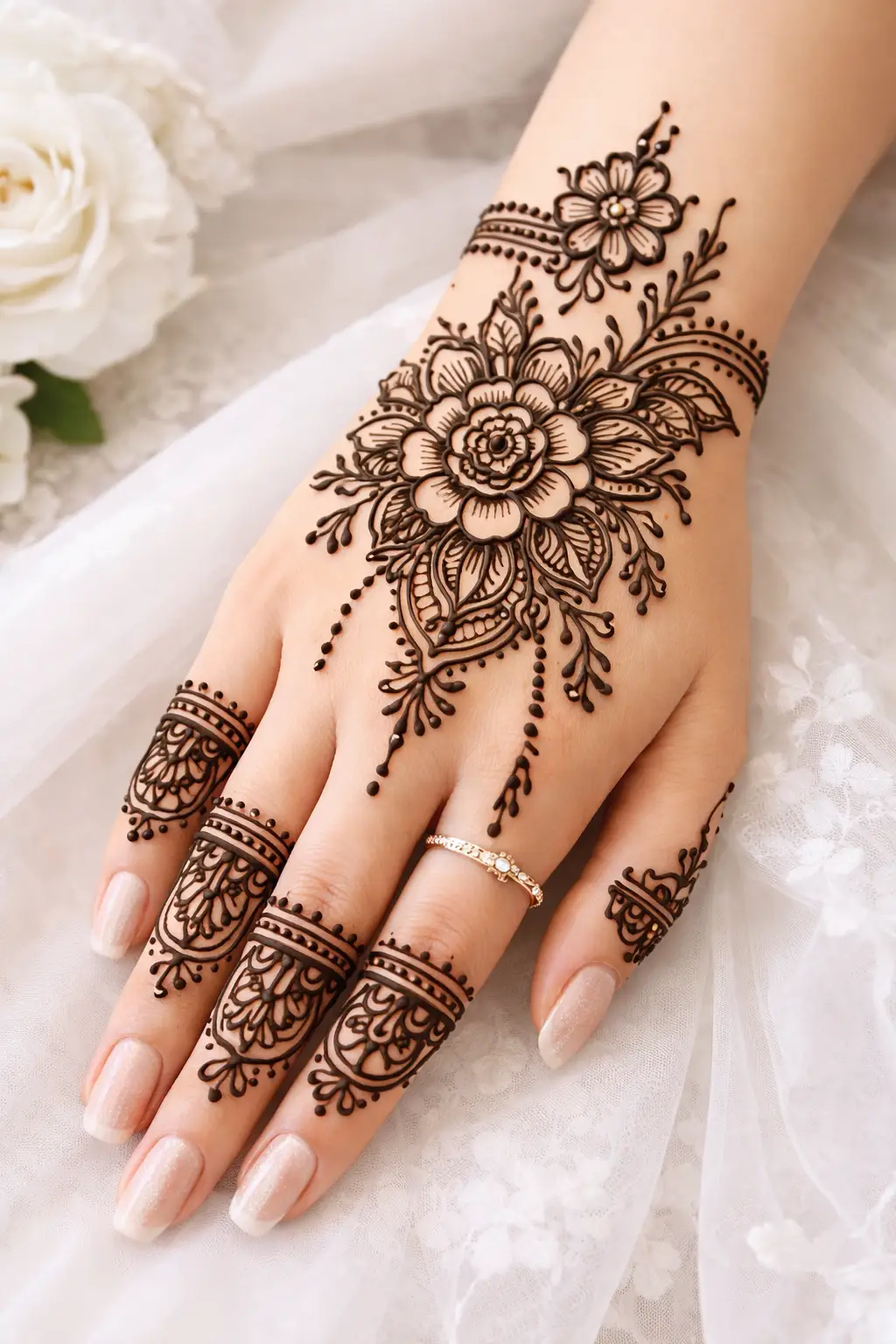 Full floral back hand mehndi design with layered petals and finger bands