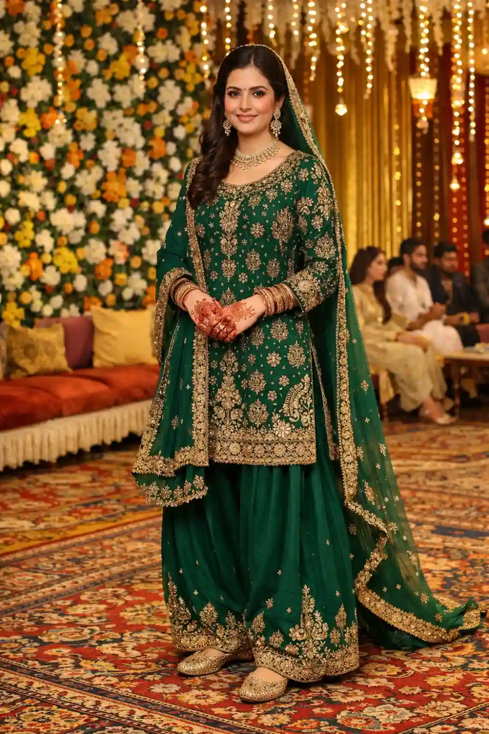 Bottle green heavy embroidered bridal mehndi dress gharara style