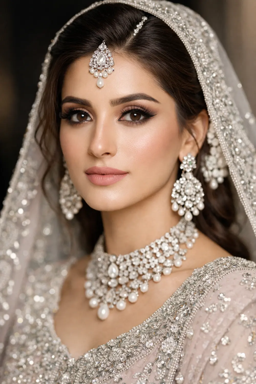 silver shimmer bridal makeup look with soft smoky eyes