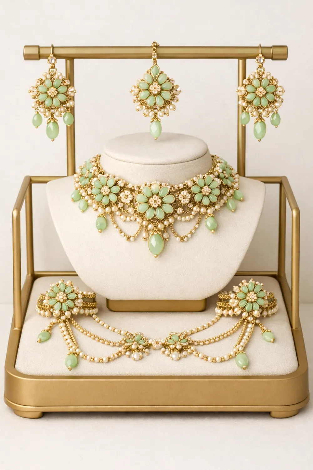 Mint floral pearl bridal mehndi jewelry set on premium gold frame stand