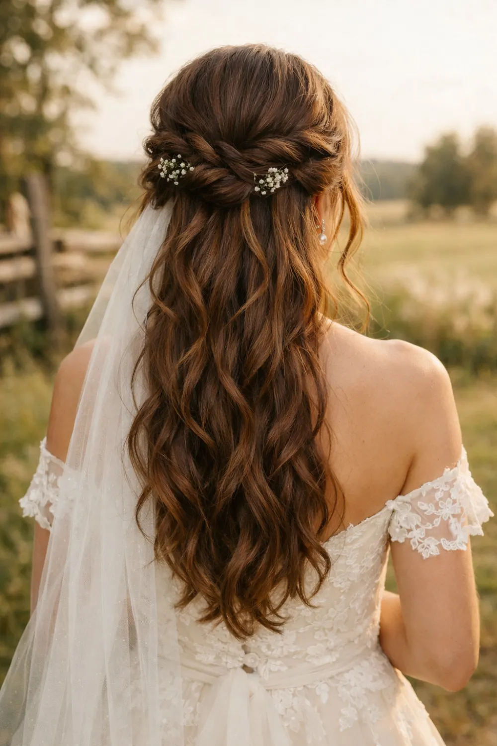 rustic twisted half up half down wedding hairstyle outdoor bridal look