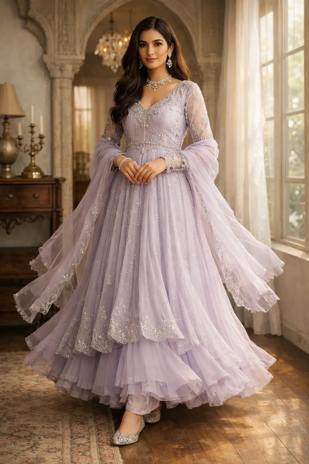 Lilac embellished royal Anarkali Eid dress with layered flare and silver work, luxury Pakistani festive gown
