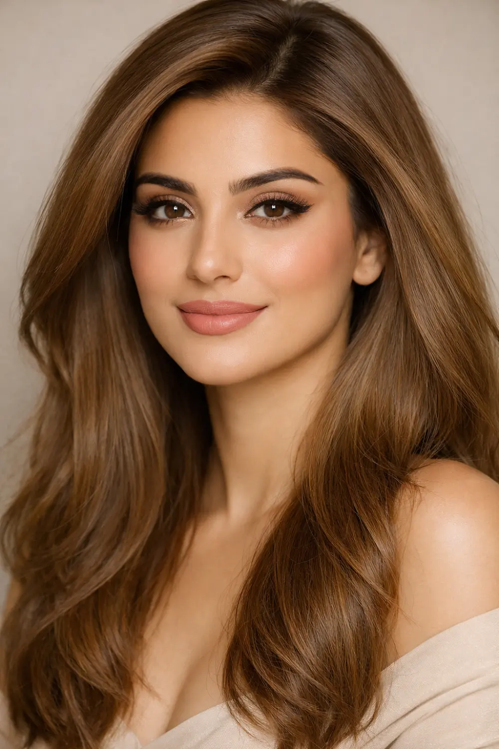 warm light brown hair color natural Pakistani model soft smooth waves