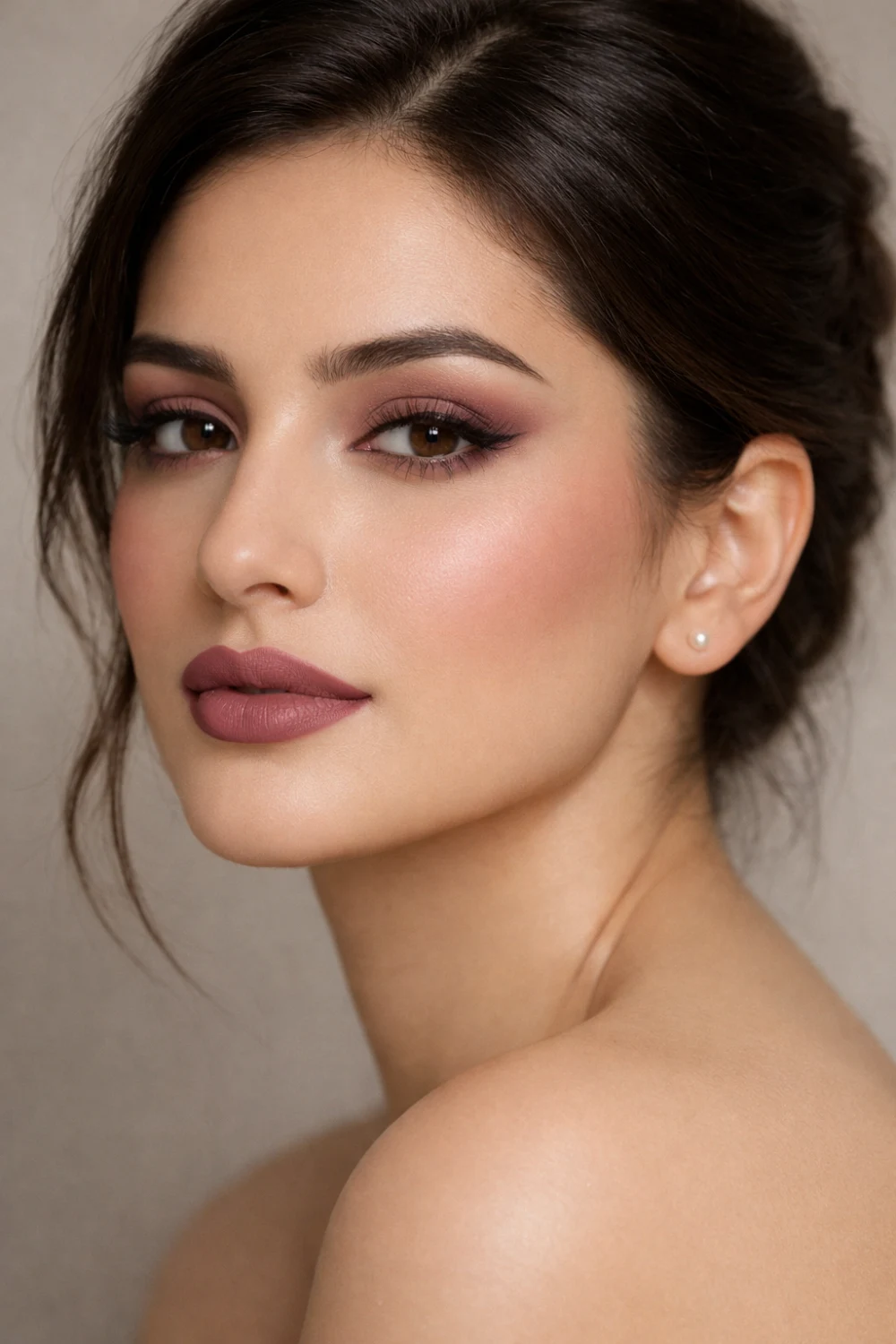 Mauve full glam makeup look with muted mauve eyeshadow, wispy lashes, winged eyeliner, satin matte complexion, soft contour, and mauve nude lips