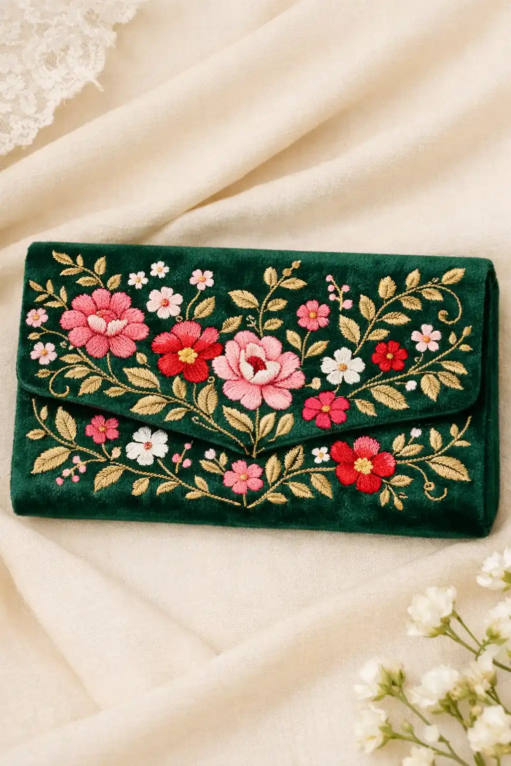 Green velvet floral embroidered envelope bridal clutch with colorful flowers and gold vine detailing wedding purse