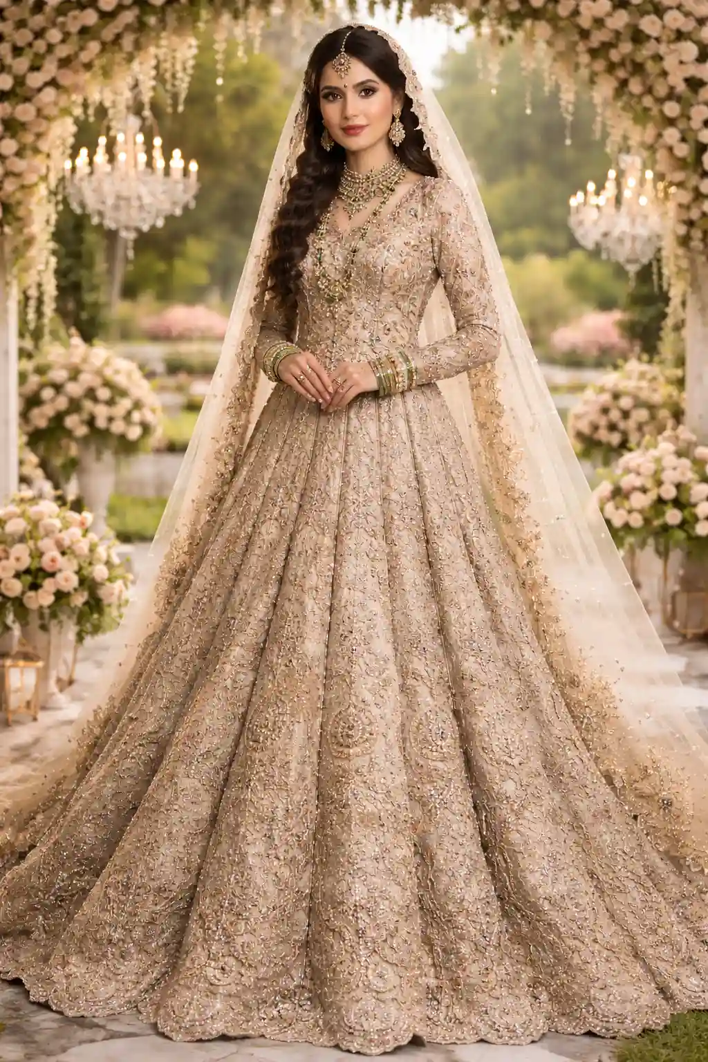 champagne beige bridal lehenga heavy zari embroidery long veil luxury outdoor garden wedding