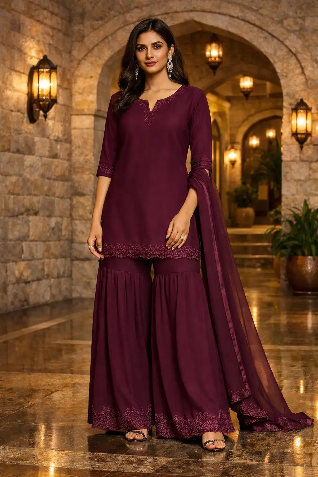 Burgundy lace hem sharara set with matching dupatta