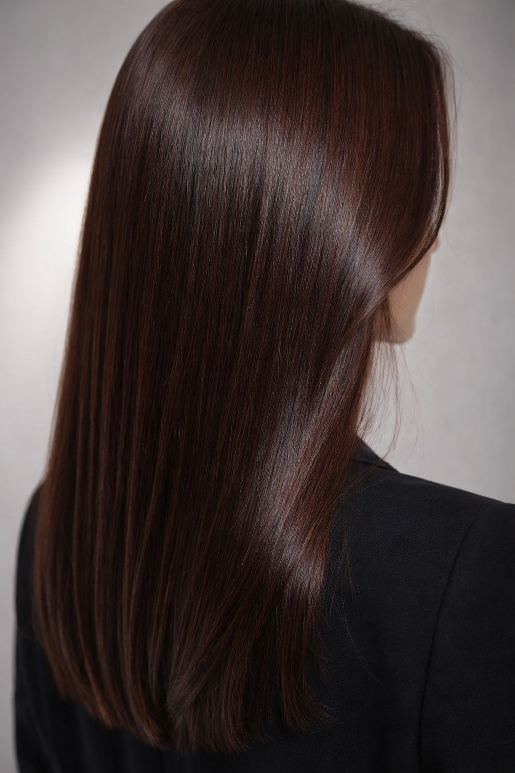 Dark mahogany brown straight shiny hair back view rich red brown undertones glossy smooth finish
