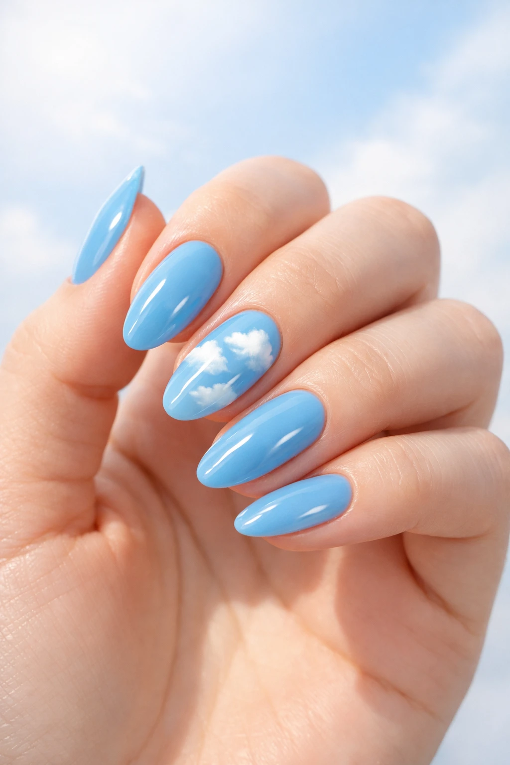 Baby blue nails with small white cloud nail art soft sky inspired cute summer manicure design
